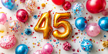 Colorful and Festive 45th Birthday Balloons with Confetti Decorations for a Memorable Celebrationの素材