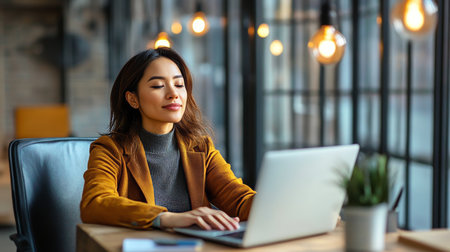 Professional woman taking a mindful break at her office desk, rejuvenating with wellness techniquesの素材