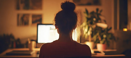 Focused Woman Silhouette Working Late on Computer at Home, Evening Concentration and Productivityの素材