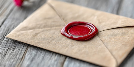 Close-Up Image of Antique Wooden Envelope with Red Wax Seal for Romantic Blog Stationery Themesの素材