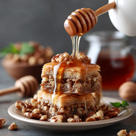 Middle Eastern Baklava Dessert Drizzled With Sweet Honey Syrup, A Traditional Treat for Everyoneの素材