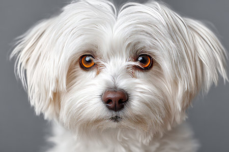 Charming Maltese Dog with Big Expressive Orange Eyes Posing Curiously Against a Gray Backgroundの素材