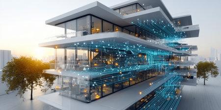 Futuristic Office Building Design Featuring Innovative Architecture and Advanced Technology Elementsの素材