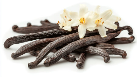 Fragrant vanilla beans and delicate white flowers, showcasing gourmet elegance and natural flavor.の素材