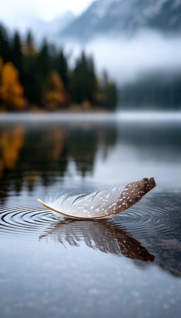 A Delicate Feather Floating on a Misty Lake at Dawn, Capturing Serene Nature and Tranquilityの素材