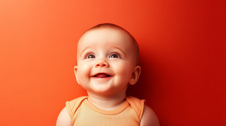 Joyful Baby Portrait A Cherubic Infant Smiling Upward with Wonder Against a Warm Red Backgroundの素材