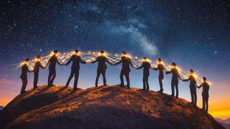 People Standing Together on a Mountain Range Under a Starry Night Sky with Radiant Light Networkの素材