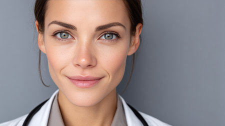 Confident Young Female Doctor in Professional Attire Smiling with a Friendly Expression in Clinicの素材