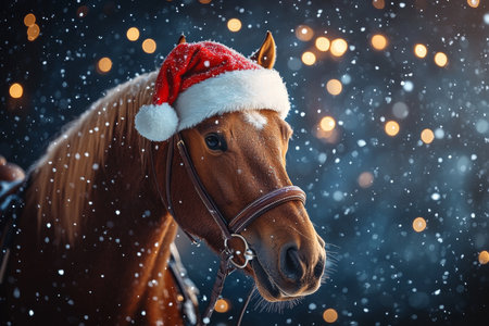 Charming Chestnut Companion Wearing a Red Santa Hat in a Snowy Winter Wonderland Sceneの素材