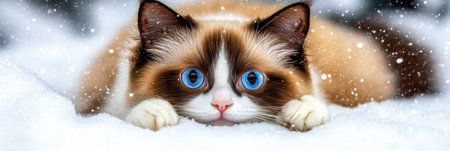 Adorable Ragdoll Cat Gazing Under Falling Snowflakes, Close-Up Portrait of Winter Beauty and Charmの素材
