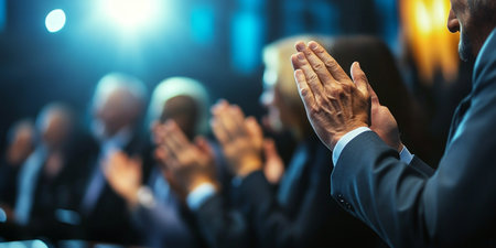 Diverse Professionals Applauding and Celebrating Achievements at a Corporate Awards Ceremonyの素材