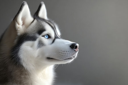 Majestic Siberian Husky with Striking Blue Eyes Gaze Thoughtfully, Captivating All Who Look.の素材