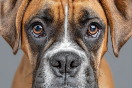 Close Up of an Adorable Fawn Boxer Dog s Face, Showcasing Its Unique Features and Playful Natureの素材