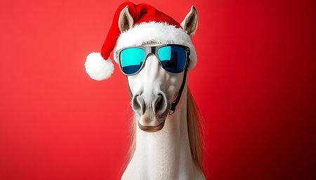 Whimsical Holiday Cheer A White Horse in Festive Hat and Cool Sunglasses on a Bright Red Backdropの素材