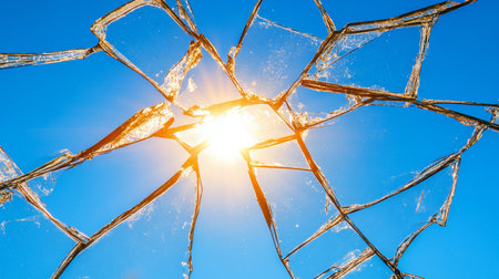Vibrant Rays of Sunlight Piercing Through Broken Glass, Creating Stunning Reflections and Shadowsの素材