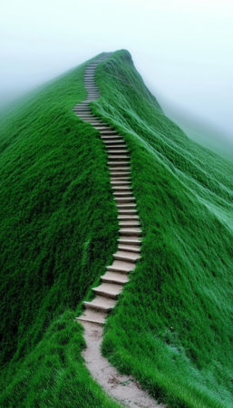 Serene Pathway to the Peak Scenic Stone Stairs Climb a Lush Green Hillside Amidst Foggy Enchantmentの素材