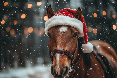 Festive Chestnut Horse Celebrates Winter Holidays in Santa Hat with Twinkling Lights and Snowfallの素材