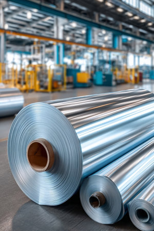 Close Up of Packaging Films and Metal Materials in a Manufacturing Plant with Products on the Floorの素材