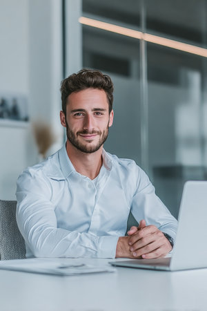 Young Hispanic Specialist Seated at Modern Office Desk, Focused on Laptop, Ready to Tackle Workdayの素材