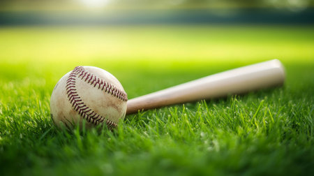 A Classic Baseball Scene with a Bat and Ball on Soft Green Grass in a Vibrant Sports Field Settingの素材