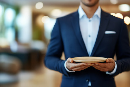 Professional Male Presenting a Circular Presentation Item with Elegance in a Business Settingの素材