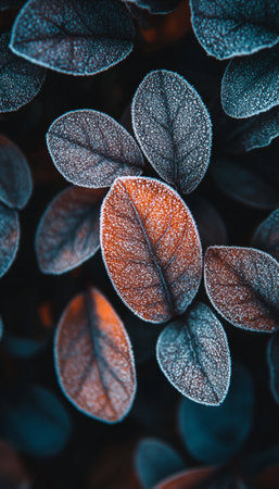 Beautiful Winter Landscape with Frosted Ground and Detailed Leaf Textures Under Bright Lightingの素材