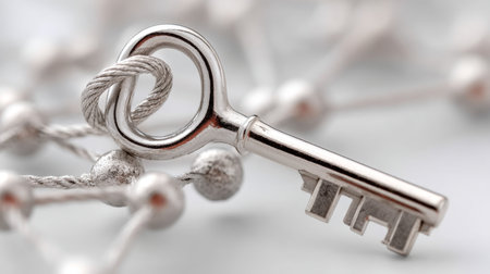 Silver Key Symbolizing Digital Security, Unlocking Data Networks for Safe Access and Transactionsの素材