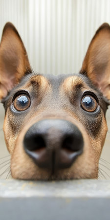 Close-Up, Intimate Wide-Angle View Of A Curious Doberman Pinscher Puppy With Expressive Eyes And Furの素材