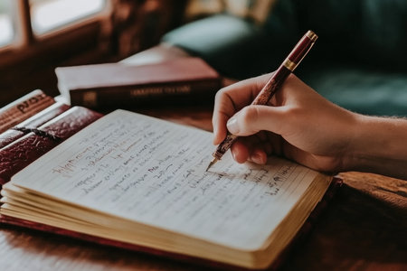 Person Practicing Mindfulness by Journaling Daily Reflections and Positive Affirmations Outdoorsの素材