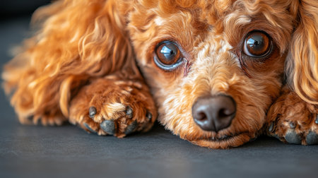Adorable Brown Toy Poodle with Bright Eyes Posing Calmly in Dark Studio Setting for Pet Photographyの素材