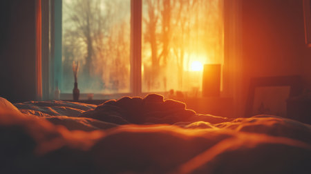 Cozy and Inviting Bedroom Interior with Soft Duvet and Warm Morning Sunlight for Ultimate Comfortの素材