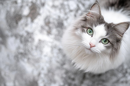 Elegant Ragamuffin Cat with Stunning Green Eyes Posing Gracefully on a Minimalist Gray Backgroundの素材