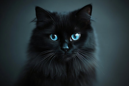 Elegant Close Up of a Black Long Haired Cat with Shining Blue Eyes in Studio Portrait Photographyの素材
