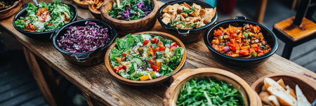Vibrant Salad Bar Display with Fresh Vegetables, Greens, and Delicious Dressings for Healthy Eatingの素材