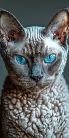 Charming Devon Rex Kitten with Striking Blue Eyes and Curly Fur, Cute Portrait on Gray Backgroundの素材