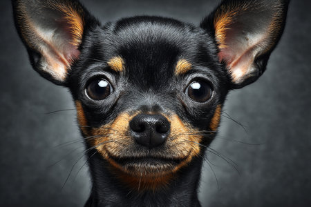 Charming Chihuahua Portrait with Bright Eyes and Gentle Expression on a Minimalist Gray Backgroundの素材