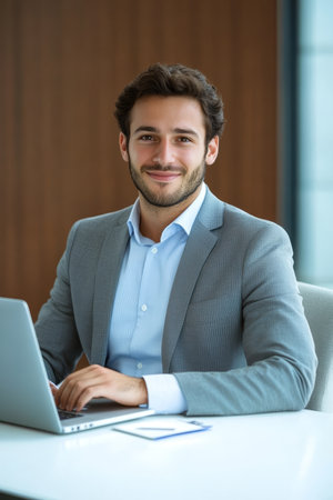 Confident young professional manager working on laptop in modern office, smiling at the camera.の素材
