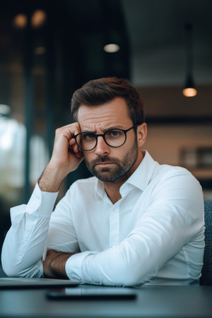 Mature businessman deep in thought, facing challenges in a stressful office work environment today.の素材