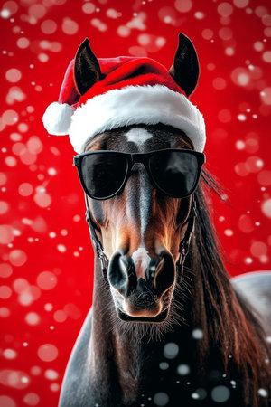 Festive Stallion A Dashing Horse Adorned with Santa Hat and Stylish Sunglasses for Holiday Joyの素材