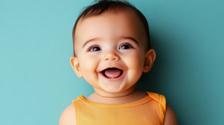 Adorable Infant Joyfully Gazing Up at the Camera on a Vibrant Blue Teal Backdrop, Capturing Blissの素材