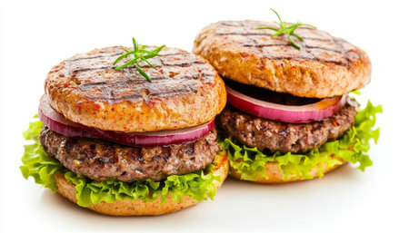 Two Appetizing Grilled Burgers with Fresh Ingredients, Isolated Still Life on White Backgroundの素材