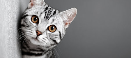 Charming American Shorthair Cat with Expressive Eyes Posing Gracefully on a Clean Gray Backgroundの素材