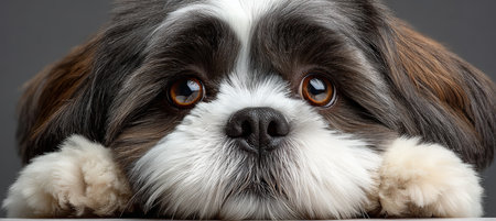 Charming Closeup of Affectionate Brown and White Shih Tzu with Cute Expression in Minimalist Studioの素材