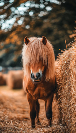Charming Haflinger Horse with Long Orange Fringe Poses Gracefully by Autumn Hay Bale in Pastureの素材