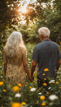 Elderly Lady in Vintage Dress Enjoying a Peaceful Walk with Loving Couple on a Fall Nature Pathの素材