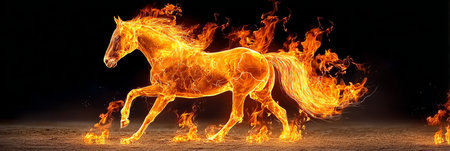 A Fiery Abstract Depiction of a Majestic Horse Silhouette Surrounded by Vibrant Flames and Colorsの素材
