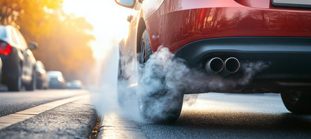 Car Exhaust Emitting Heavy Smoke Under Hazy Sunlight, Highlighting Air Pollution Issues and Concernsの素材
