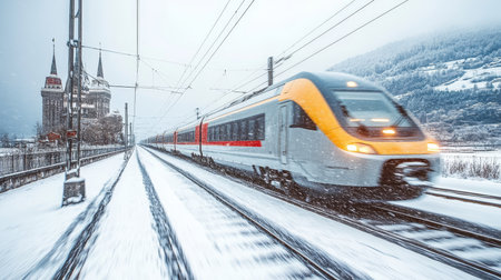 High Speed Modern Passenger Express Train Racing Through a Snowy Winter Landscape on Railway Tracksの素材