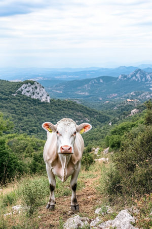 Majestic Charolais Cow Grazing on Lush Grasslands with Breathtaking Mountain Scenery in Backgroundの素材