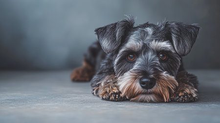 Charming Miniature Schnauzer with Adorable Beard Posing Gracefully Against a Soft Gray Backgroundの素材
